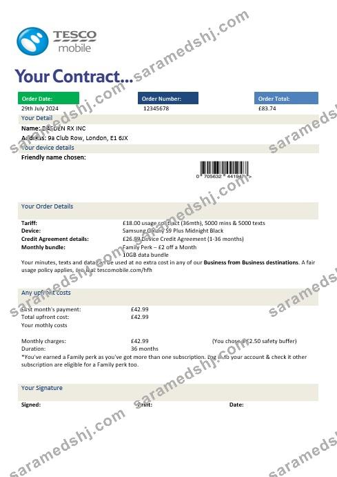 United Kingdom Tesco Mobile business utility bill template in Word and PDF formats